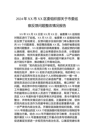 2024年XX市XX区委组织部关于市委巡察反馈问题整改情况报告
