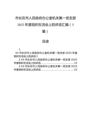 市长在市人民政府办公室机关第一党支部2025年度组织生活会上的讲话汇编（3篇）