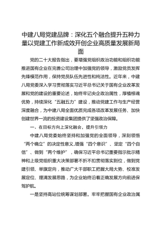 中建八局党建品牌：深化五个融合提升五种力量以党建工作新成效开创企业高质量发展新局面