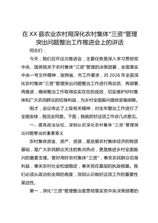 在XX县农业农村局深化农村集体“三资”管理突出问题整治工作推进会上的讲话