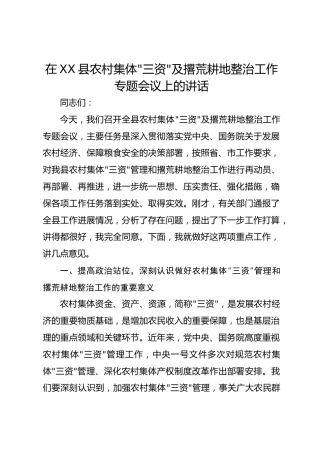 在XX县农村集体“三资”及撂荒耕地整治工作专题会议上的讲话