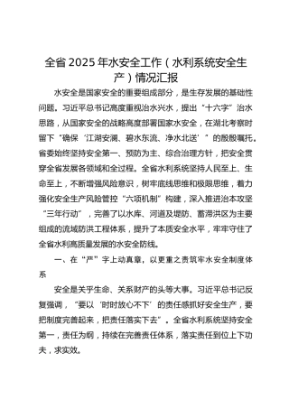全省2025年水安全工作（水利系统安全生产）情况汇报