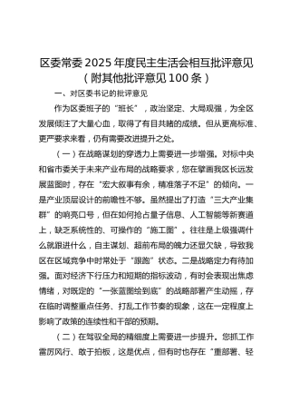 区委常委2025年度民主生活会相互批评意见（附其他批评意见100条）