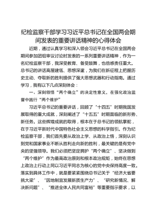 纪检监察干部学习总书记在全国两会期间发表的重要讲话精神的心得体会