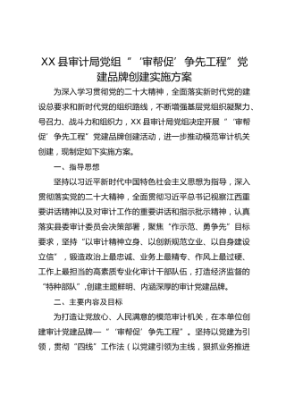 XX县审计局党组“‘审帮促’争先工程”党建品牌创建实施方案