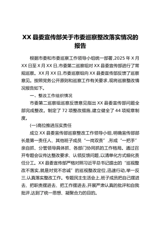 XX县委宣传部关于市委巡察整改落实情况的报告