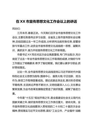 在XX市宣传思想文化工作会议上的讲话（2）