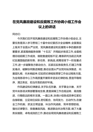 在党风廉政建设和反腐败工作协调小组工作会议上的讲话