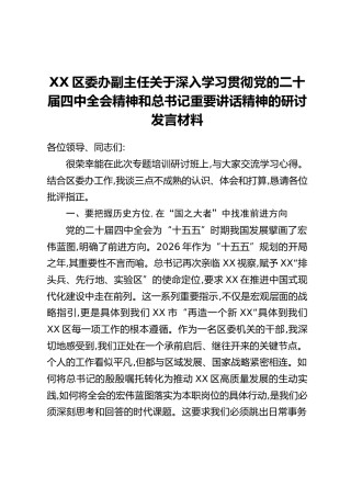 XX区委办副主任关于深入学习贯彻党的二十届四中全会精神和总书记重要讲话精神的研讨发言材料