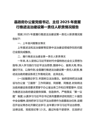 县政府办公室党组书记、主任2025年度履行推进法治建设第一责任人职责情况报告