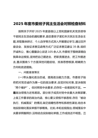 2025年度市委班子民主生活会对照检查材料