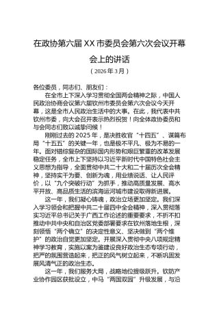 在政协第六届XX市委员会第六次会议开幕会上的讲话