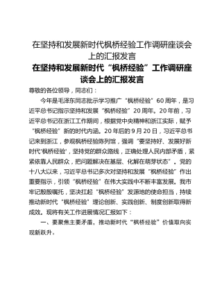 在坚持和发展新时代枫桥经验工作调研座谈会上的汇报发言