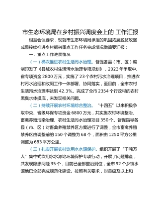 市生态环境局在乡村振兴调度会上的 工作汇报