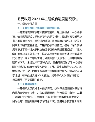 区民政局2023年主题教育进展情况报告
