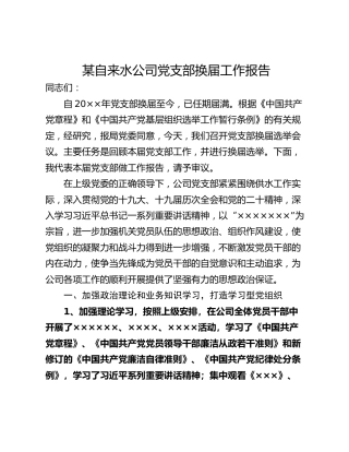 某自来水公司党支部换届工作报告