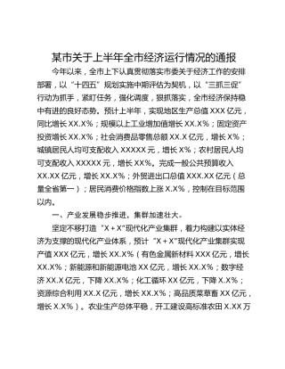 某市关于上半年全市经济运行情况的通报