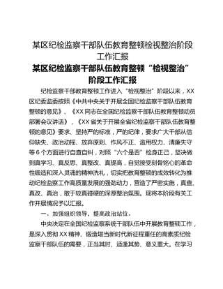 某区纪检监察干部队伍教育整顿检视整治阶段工作汇报