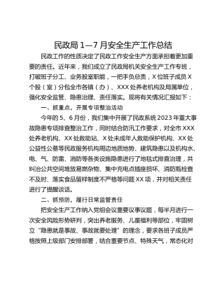 民政局1—7月安全生产工作总结