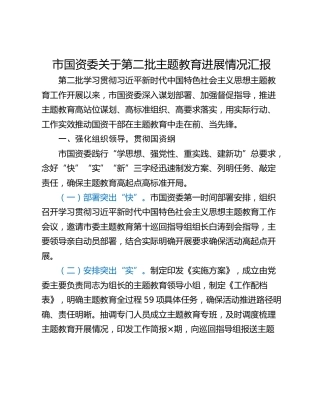 市国资委关于第二批主题教育进展情况汇报