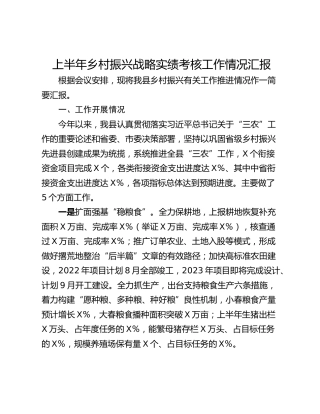 上半年乡村振兴战略实绩考核工作情况汇报
