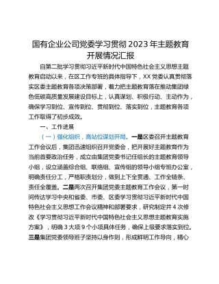 国有企业公司党委学习贯彻2023年主题教育开展情况汇报