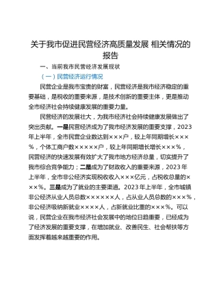 关于我市促进民营经济高质量发展 相关情况的报告