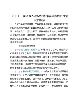 关于十三届省委四次全会精神学习宣传贯彻情况的报告