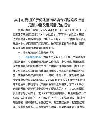 某中心党组关于优化营商环境专项巡察反馈意见集中整改进展情况的报告