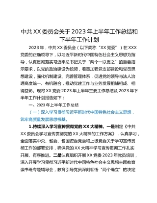 中共XX委员会关于2023年上半年工作总结和下半年工作计划