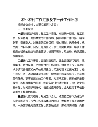 农业农村工作汇报及下一步工作计划