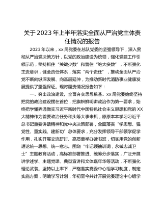 关于2023年上半年落实全面从严治党主体责任情况的报告