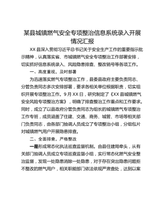 某县城镇燃气安全专项整治信息系统录入开展情况汇报