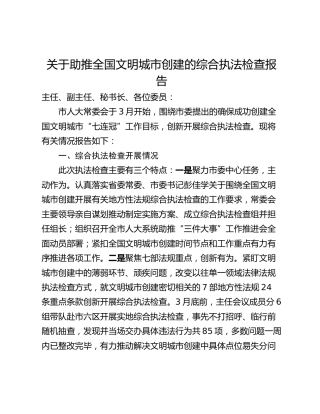 关于助推全国文明城市创建的综合执法检查报告