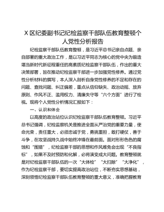 X区纪委副书记纪检监察干部队伍教育整顿个人党性分析报告