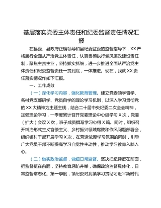 基层落实党委主体责任和纪委监督责任情况汇报
