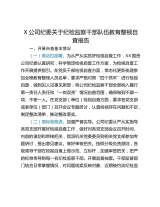 X公司纪委关于纪检监察干部队伍教育整顿自查报告