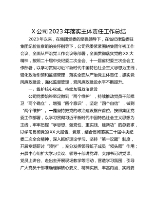 X公司2023年落实主体责任工作总结