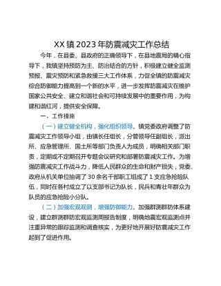 XX镇2023年防震减灾工作总结