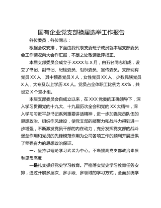 国有企业党支部换届选举工作报告