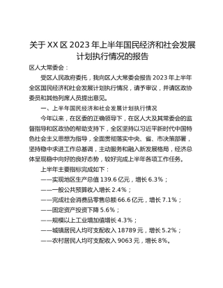 关于XX区2023年上半年国民经济和社会发展计划执行情况的报告