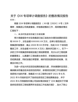 关于《XX专项审计调查报告》的整改情况报告