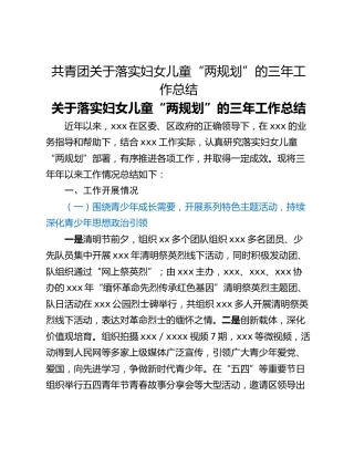 共青团关于落实妇女儿童“两规划”的三年工作总结