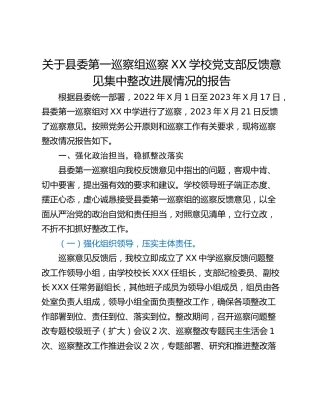 关于县委第一巡察组巡察XX学校党支部反馈意见集中整改进展情况的报告