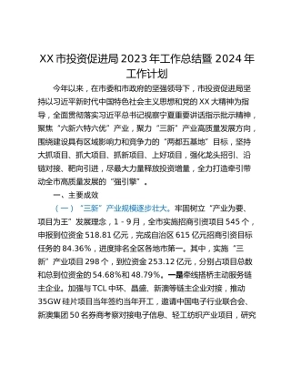 XX市投资促进局2023年工作总结暨 2024年工作计划