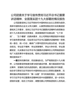 公司团委关于学习宣传贯彻习近平总书记重要讲话精神、全面落实团十九大部署的情况报告