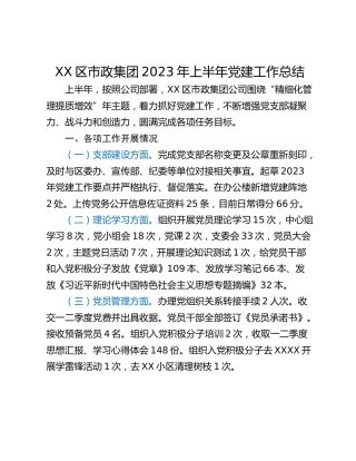 XX区市政集团2023年上半年党建工作总结