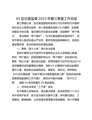 XX区纪委监委2023年第三季度工作总结