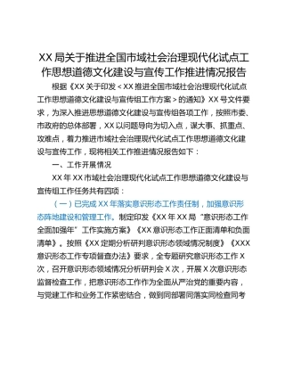 XX局关于推进全国市域社会治理现代化试点工作思想道德文化建设与宣传工作推进情况报告
