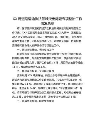 XX局道路运输执法领域突出问题专项整治工作情况总结